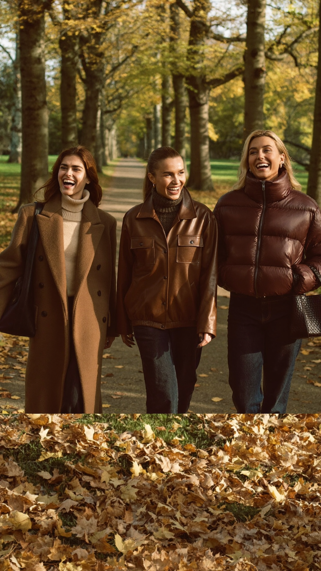 Frauen in warmer Herbstmode auf einem Parkweg mit goldenem Laub